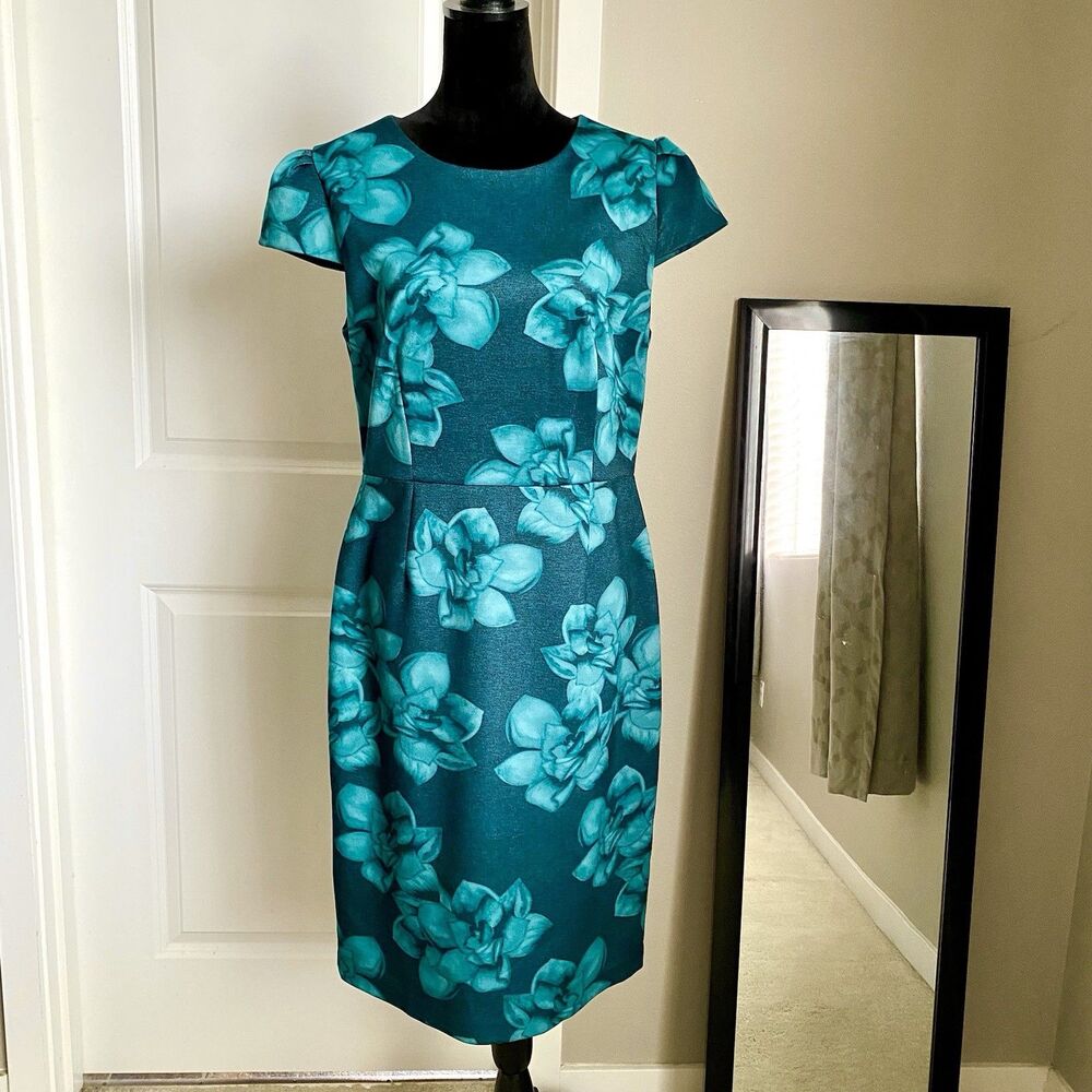 Betsy Johnson Size 12 Jade Green Floral Stretch Dress Cap Sleeve